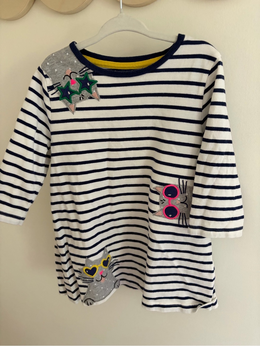 Mini Boden Navy & White Striped Long Sleeve Top with Cat Appliqués